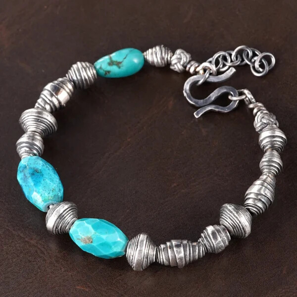 Handmade Sterling Silver & Turquoise Beaded Chunky Bracelet - Image 2