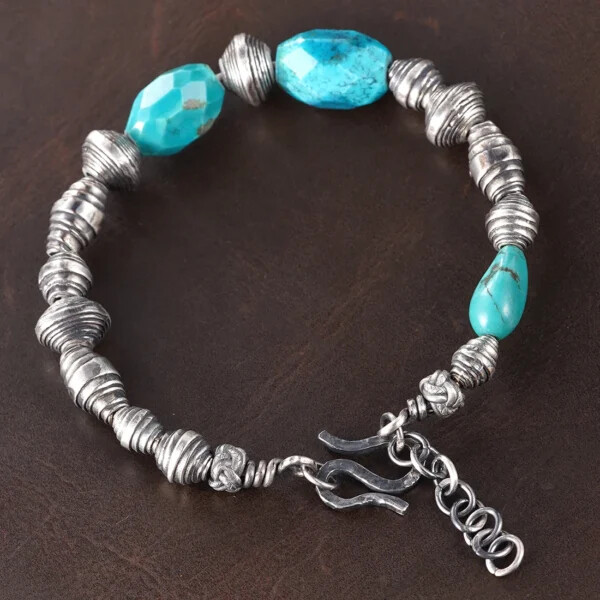 Handmade Sterling Silver & Turquoise Beaded Chunky Bracelet - Image 3
