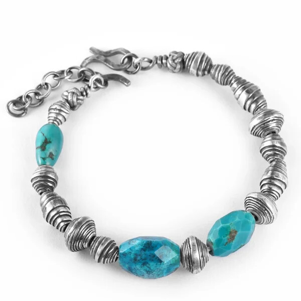 Handmade Sterling Silver & Turquoise Beaded Chunky Bracelet - Image 4