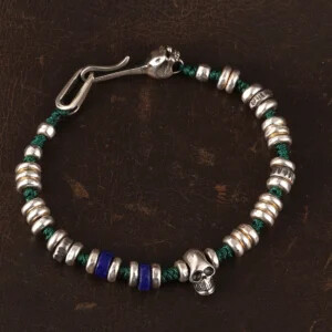 Skull Lapis Silver Beads Weave Bracelet