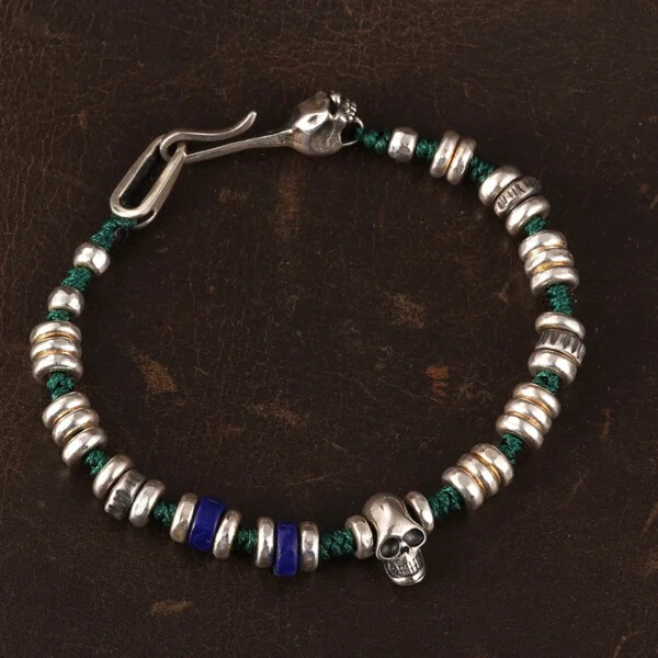 Skull Lapis Silver Beads Weave Bracelet