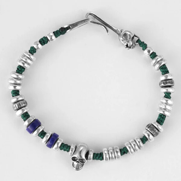 Skull Lapis Silver Beads Weave Bracelet