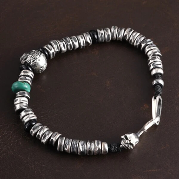 Skull Silver Beads Weave Bracelet
