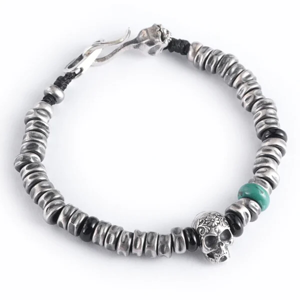 Skull Silver Beads Weave Bracelet